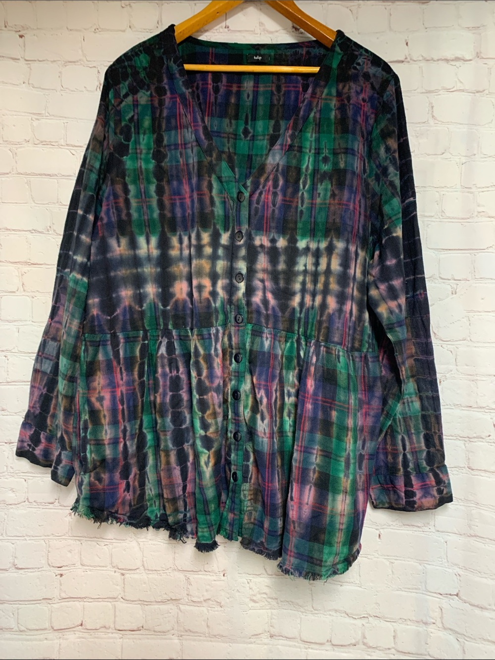 Anthropologie Tulip Boho Tie Dye Plaid Top Size XL - Picture 2 of 7